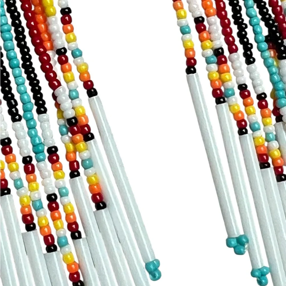 White Beaded Colorful Seed Bead Long Dangle Pierced Earrings Native Southwestern - Picture 3 of 5